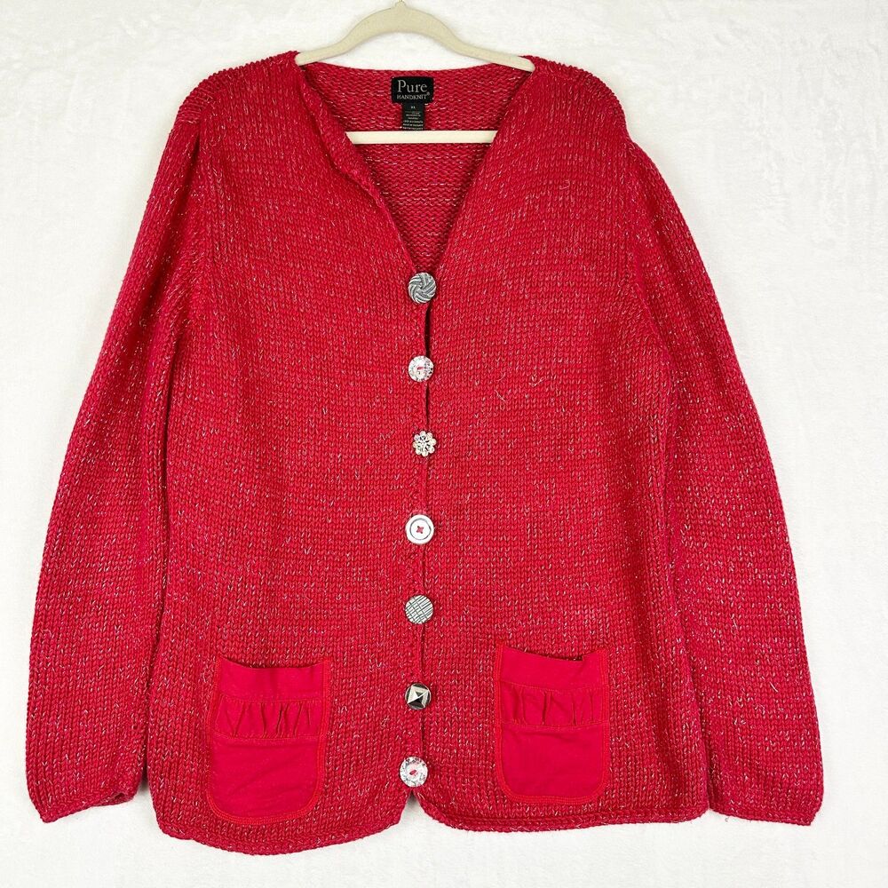 Pure Handknit Cardigan Cotton Chunky Knit Metallic Weave Size XL Red